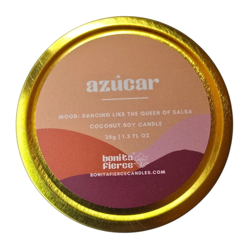 BONITA FIERCE Candle Azucar Scent Coconut Soy 1.3 oz Gold Tin Cozy Dopamine Gift